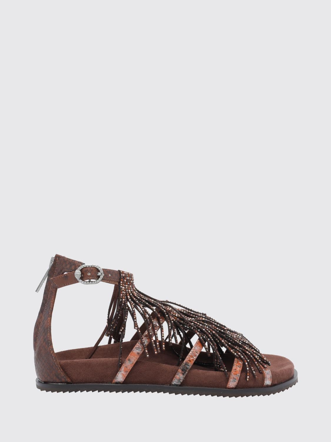 Kurt Geiger London Leather Low-Heeled Sandals with Fringes and Rhinestones