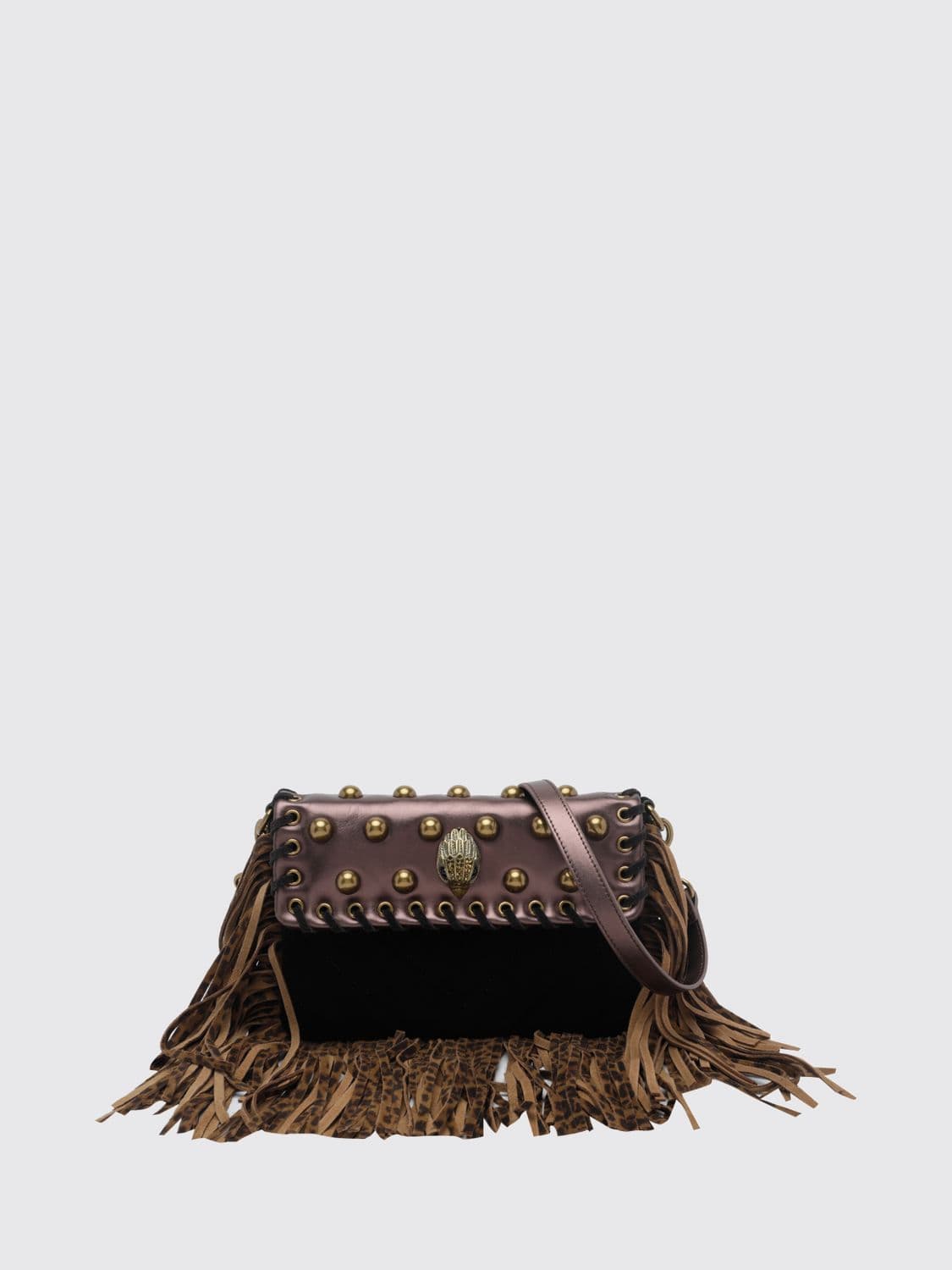 Kurt Geiger London Oxford Animal Print Leather Mini Shoulder Bag with Studs and Fringes