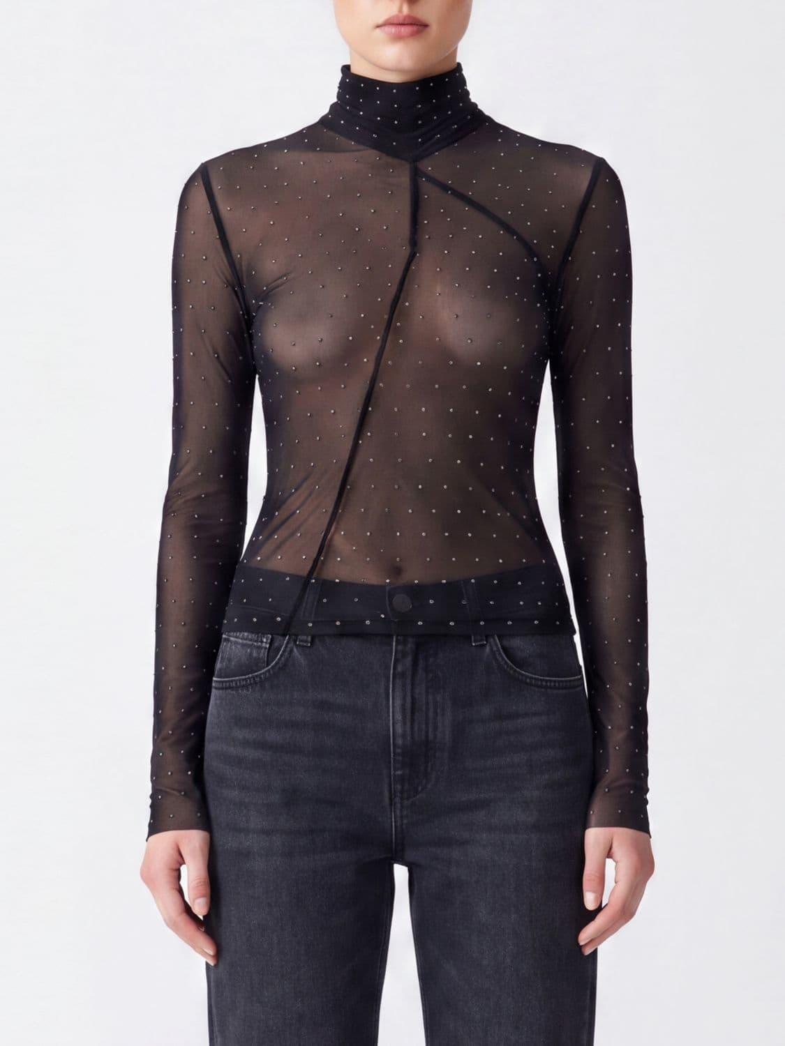 Liu Jo Slim Fit Turtleneck Top in Sheer Fabric with Crystal Embroidery