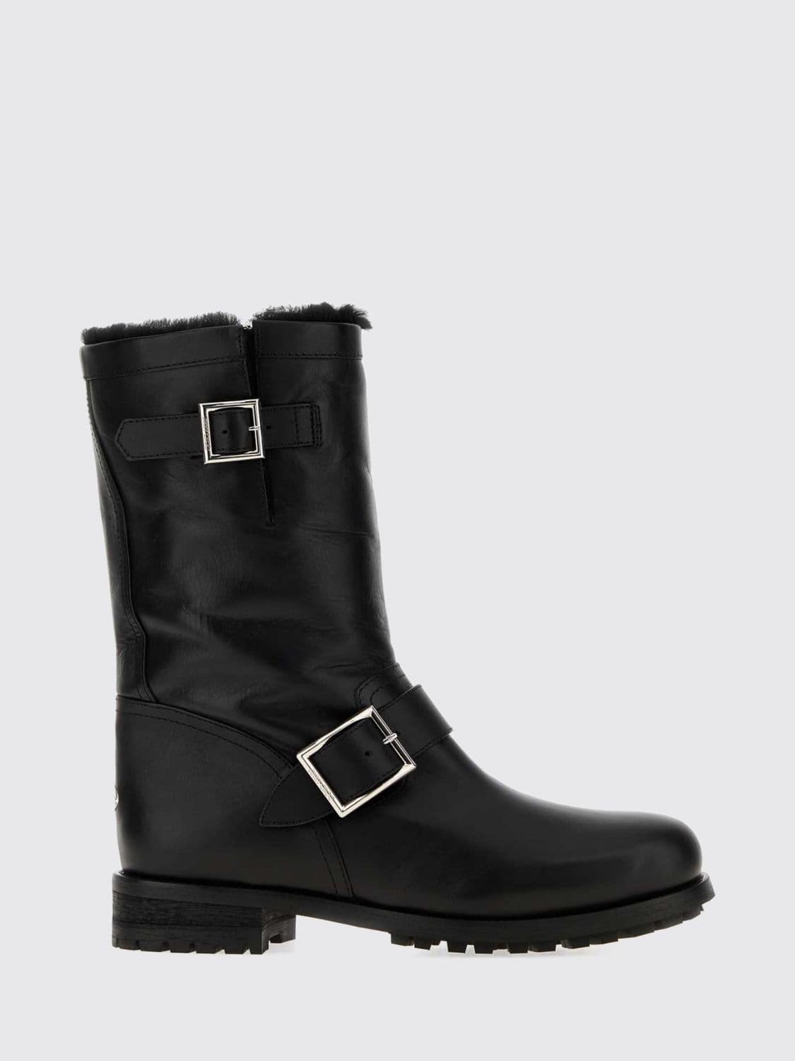 Jimmy Choo Shearling-Lined Lambskin Biker Boots with Adjustable Buckles