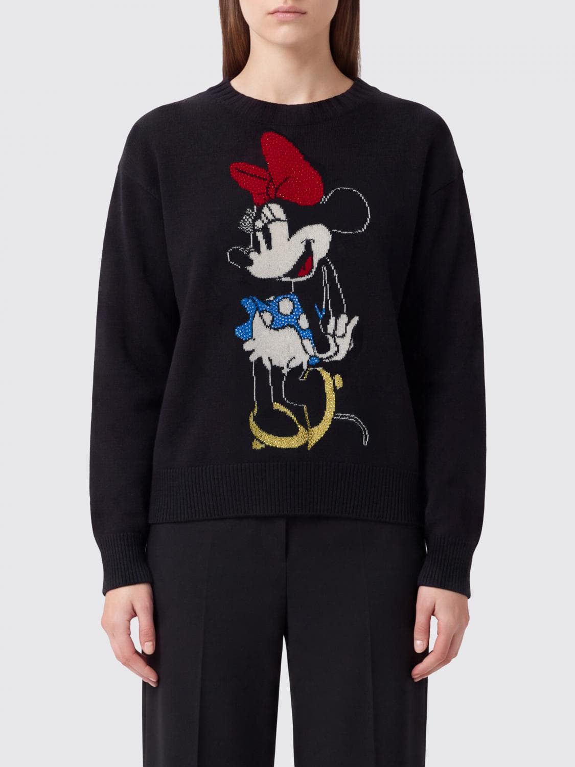 Liu Jo Money Mouse Wool Jumper with Disney Print and Rhinestone Logo