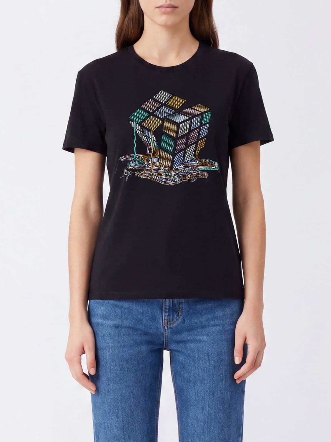 Liu Jo Slim Cotton T-Shirt with Embroidery and Rhinestone Applications