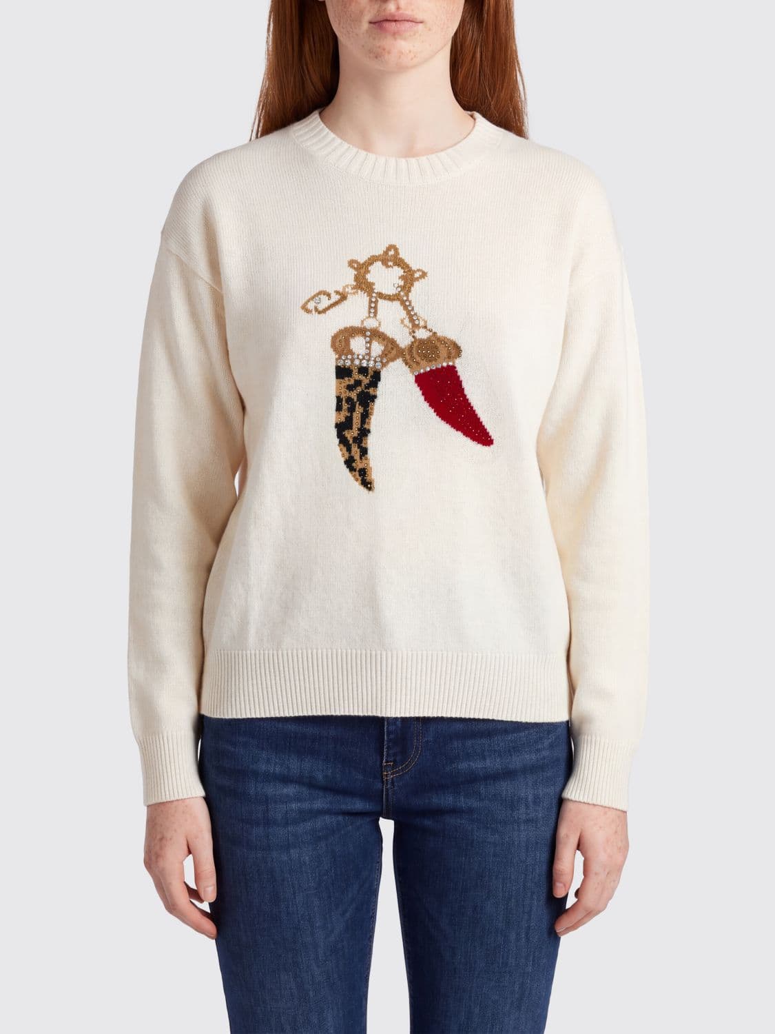 Liu Jo Wool Jumper with Graphic Print and Rhinestone Back Logo