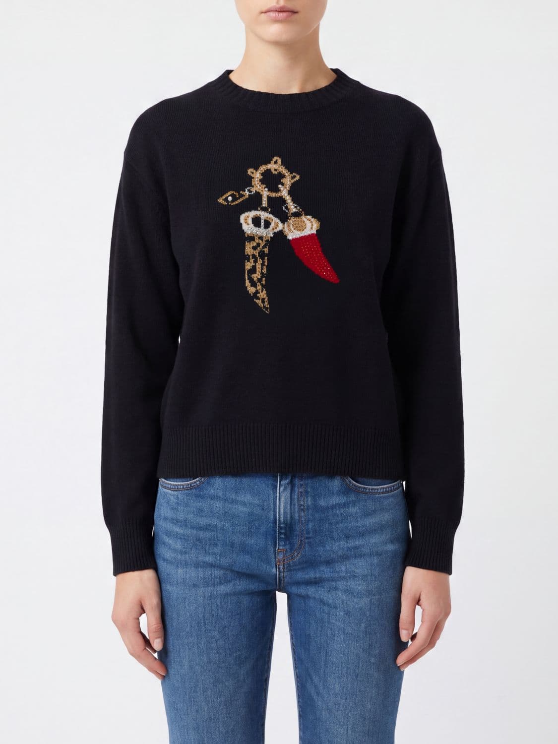 Liu Jo Wool Jumper with Graphic Print and Rhinestone Back Logo
