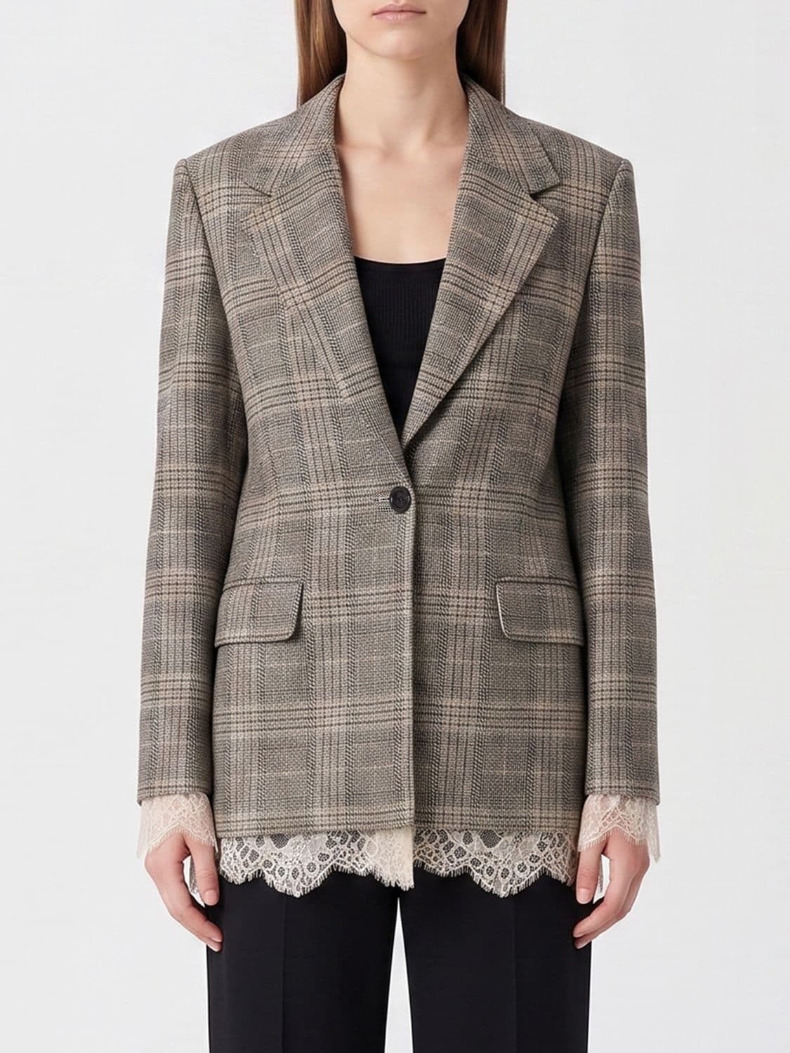 Liu Jo Viscose Blend Blazer with Tartan Print and Lace Inserts