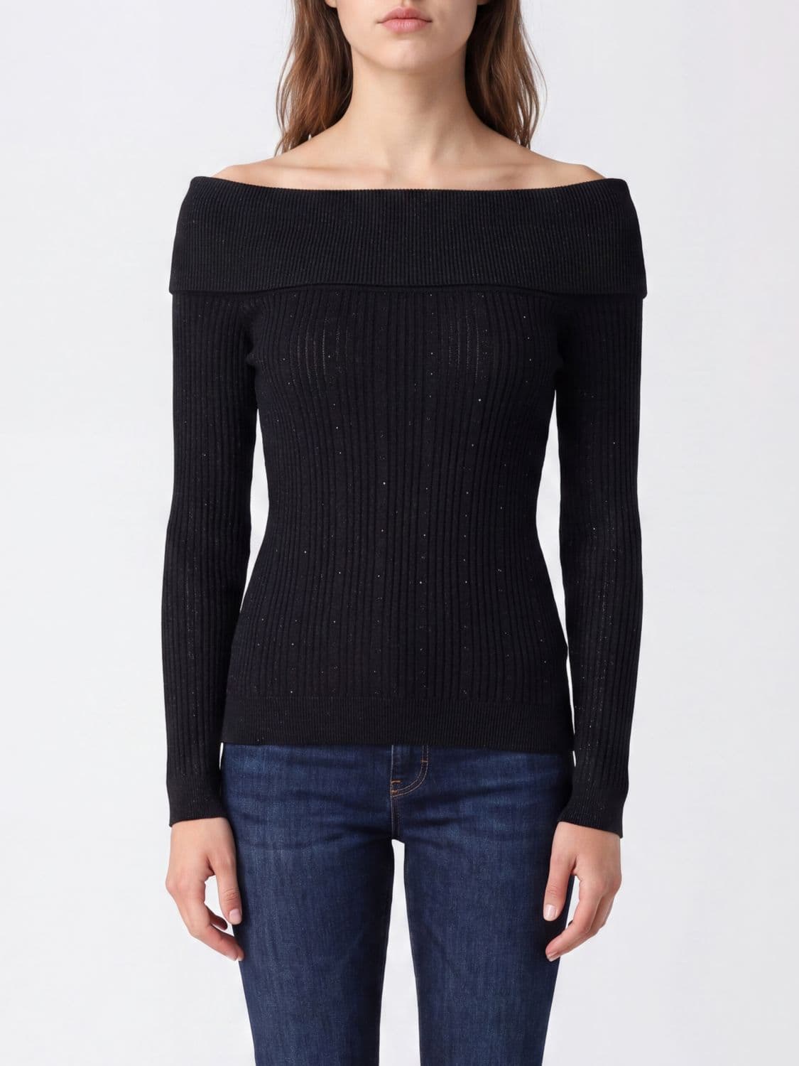 Liu Jo Slim Ribbed Virgin Wool Jumper with Boat Neck