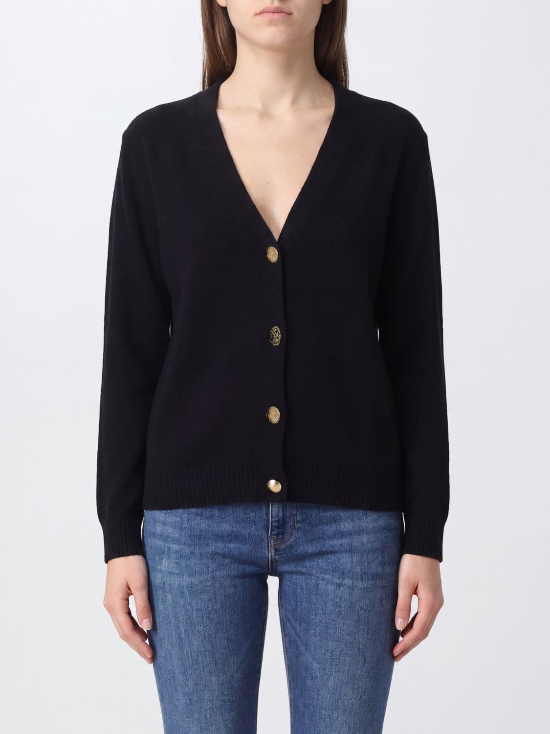 Liu Jo V-Neck Wool Blend Cardigan with Metallic Logo