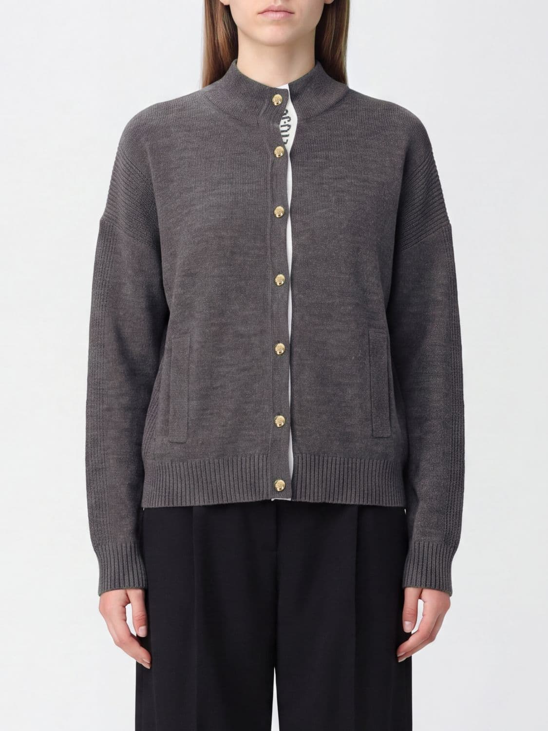 Liu Jo Wool Blend Crewneck Cardigan with Jacquard Logo