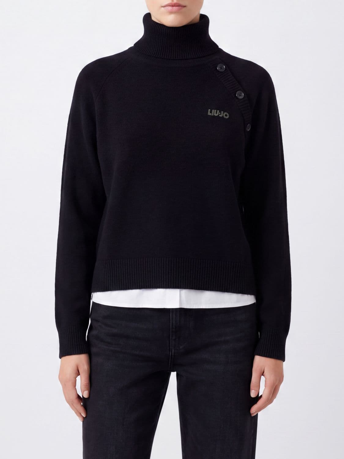 Liu Jo Wool and Cotton Turtleneck with Shoulder Buttons and Contrast Logo