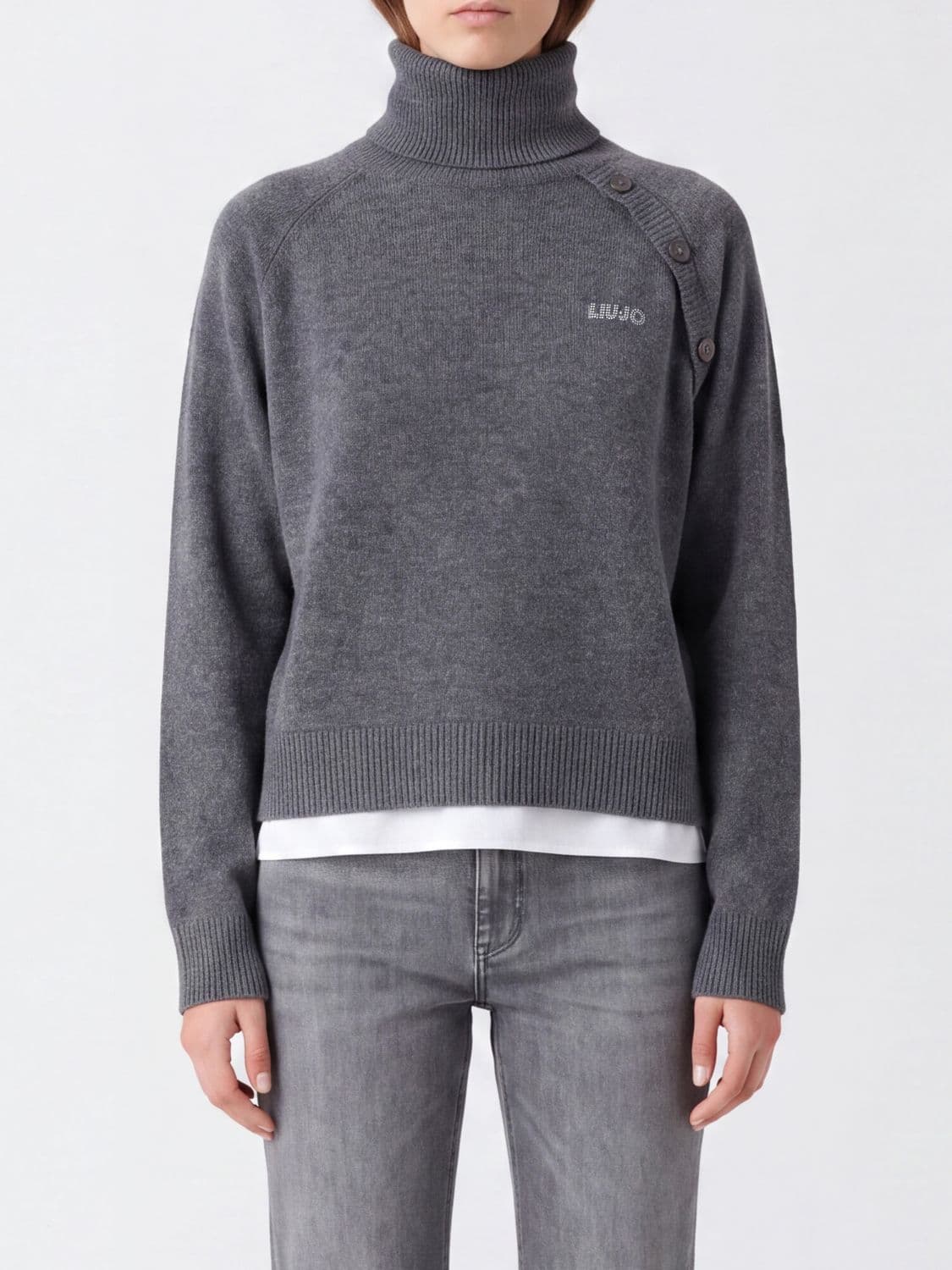 Liu Jo Wool and Cotton Turtleneck with Shoulder Buttons and Contrast Logo