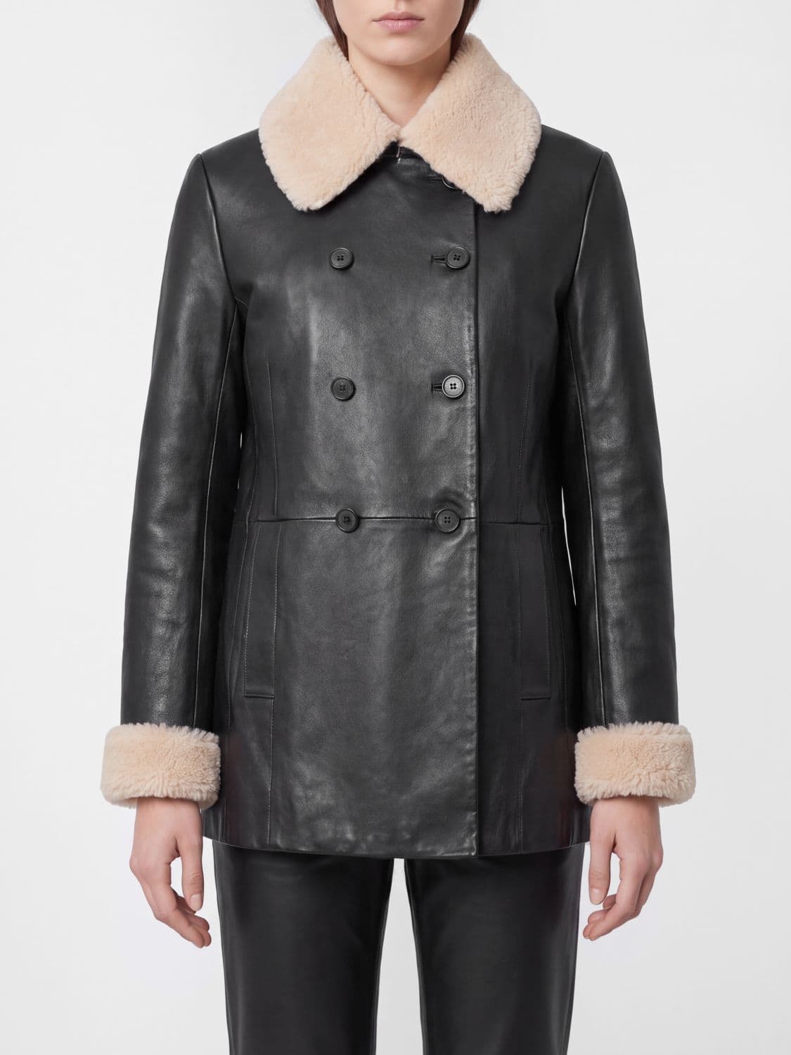 Liviana Conti Double-Breasted Leather Coat with Fur Collar and Cuffs