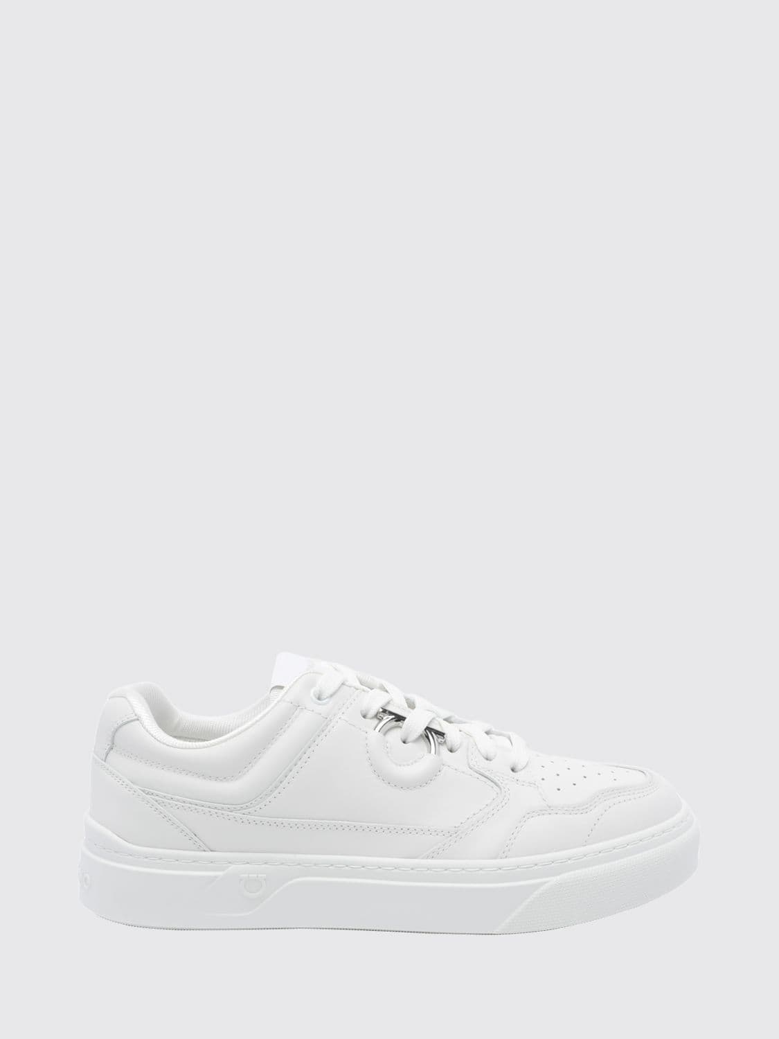 Ferragamo Calfskin Leather Sneakers with Gancini Logo and Perforated Toe