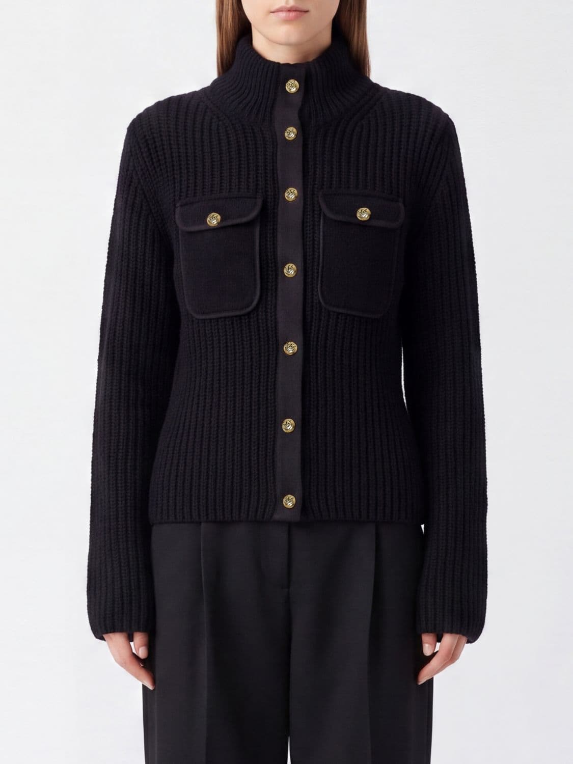 Pinko Slim Fit Ribbed High-Neck Cardigan in Wool and Alpaca
