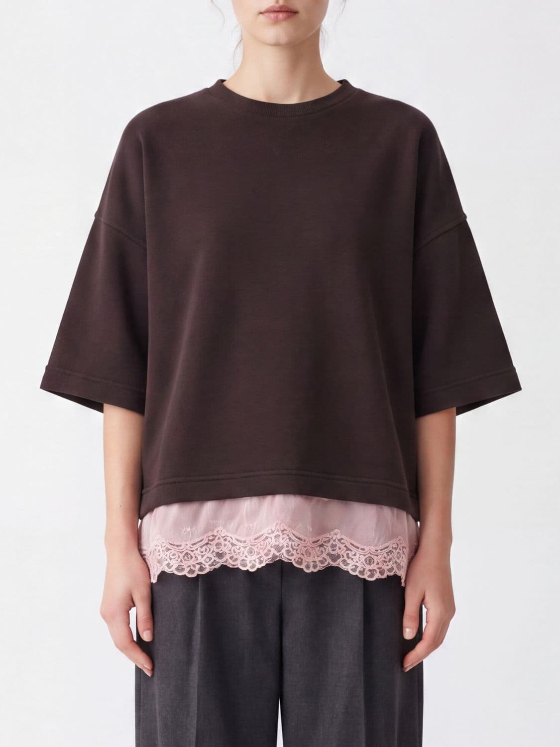 Pinko Relaxed Fit Viscose and Silk Crewneck Top with Lace Inserts