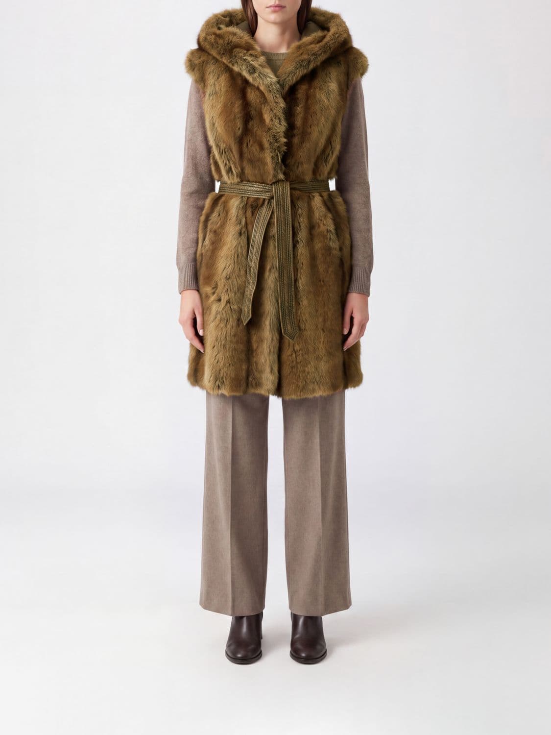 Pinko Galearis Long Faux Fur Vest with Hood and Belt