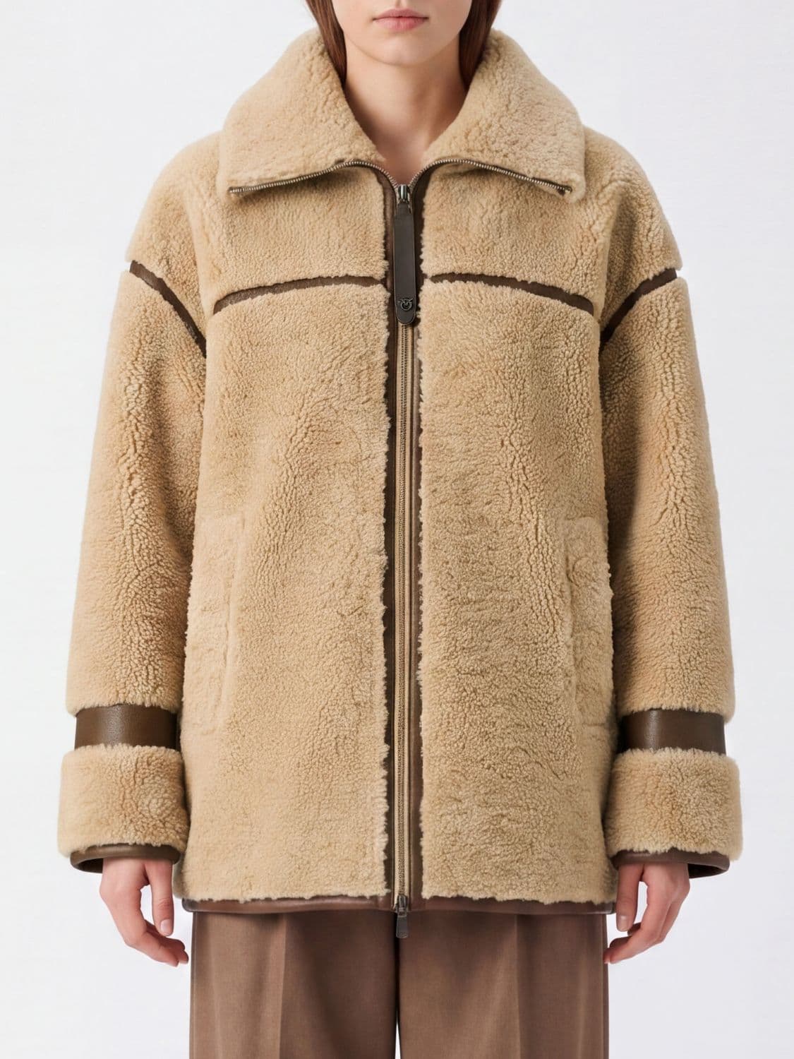 Pinko Short Faux Shearling Jacket with Zip Closure