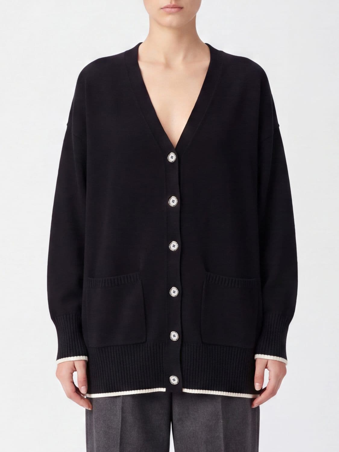 Pinko Relaxed Fit Wool and Cashmere V-Neck Cardigan with Pockets