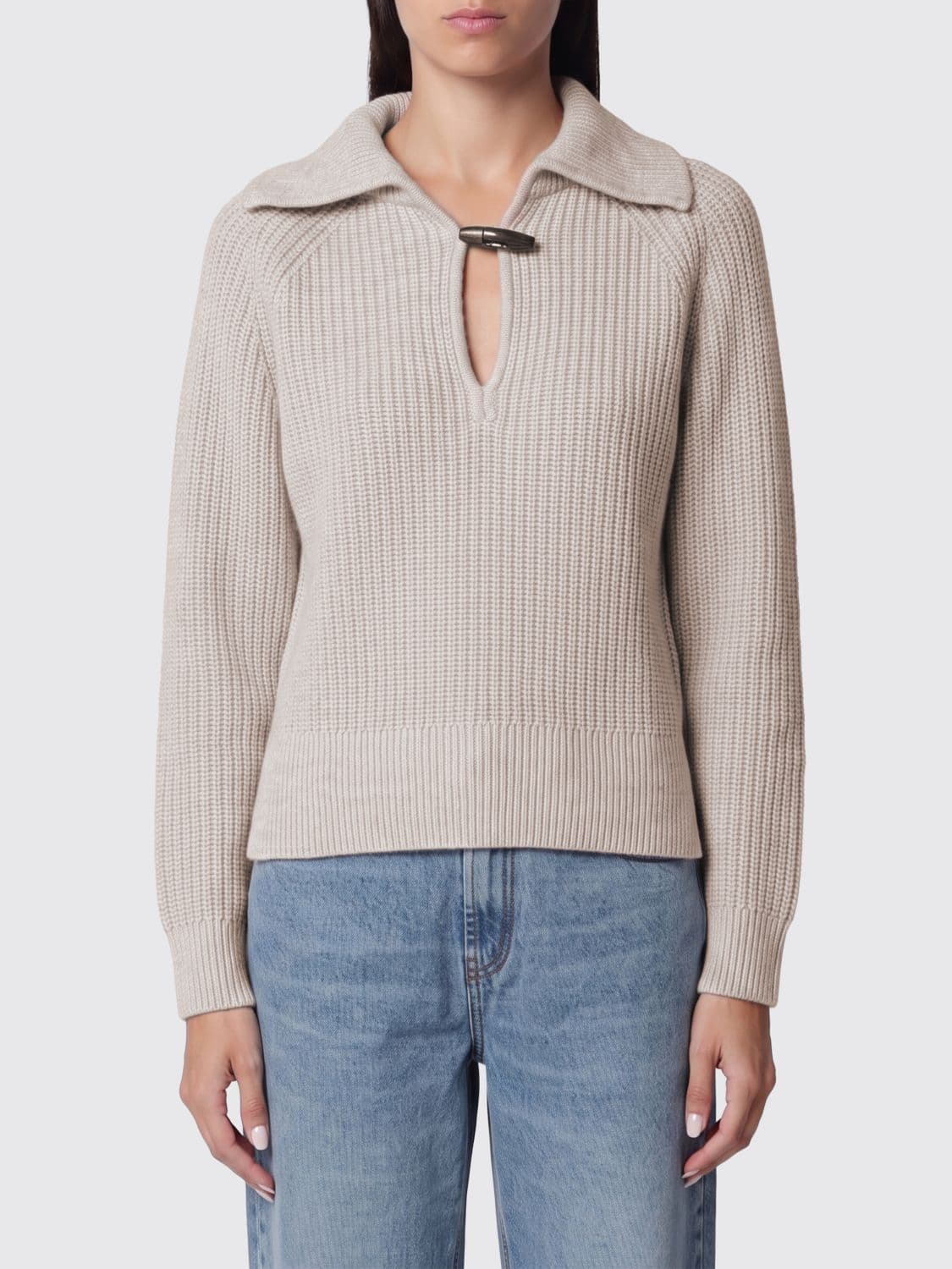 Isabel Marant Miranda Jumper in a Beige Wool Blend with a Deep V-Neck
