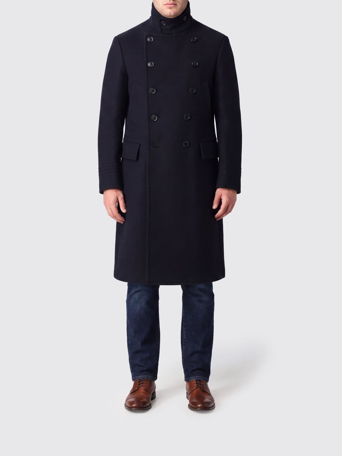 Tom Ford Double-Breasted Long Coat in Pure Wool with High Neck