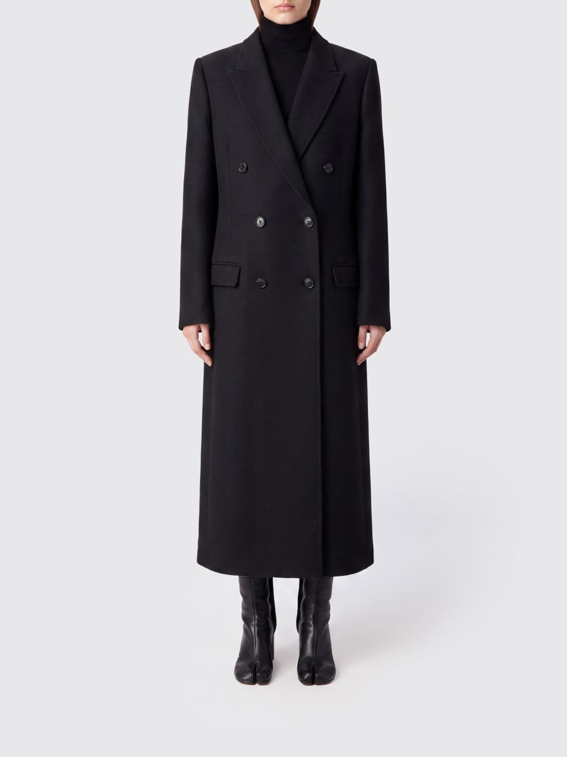 Maison Margiela Double-Breasted Long Coat in Pure Virgin Wool with Lapel Collar