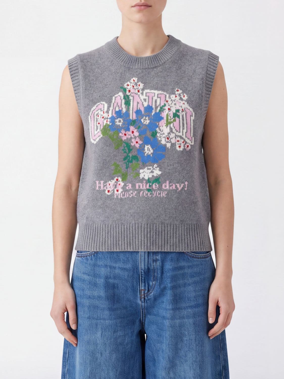 Ganni Floral Pattern Wool Crewneck Knit Vest with Jacquard Logo