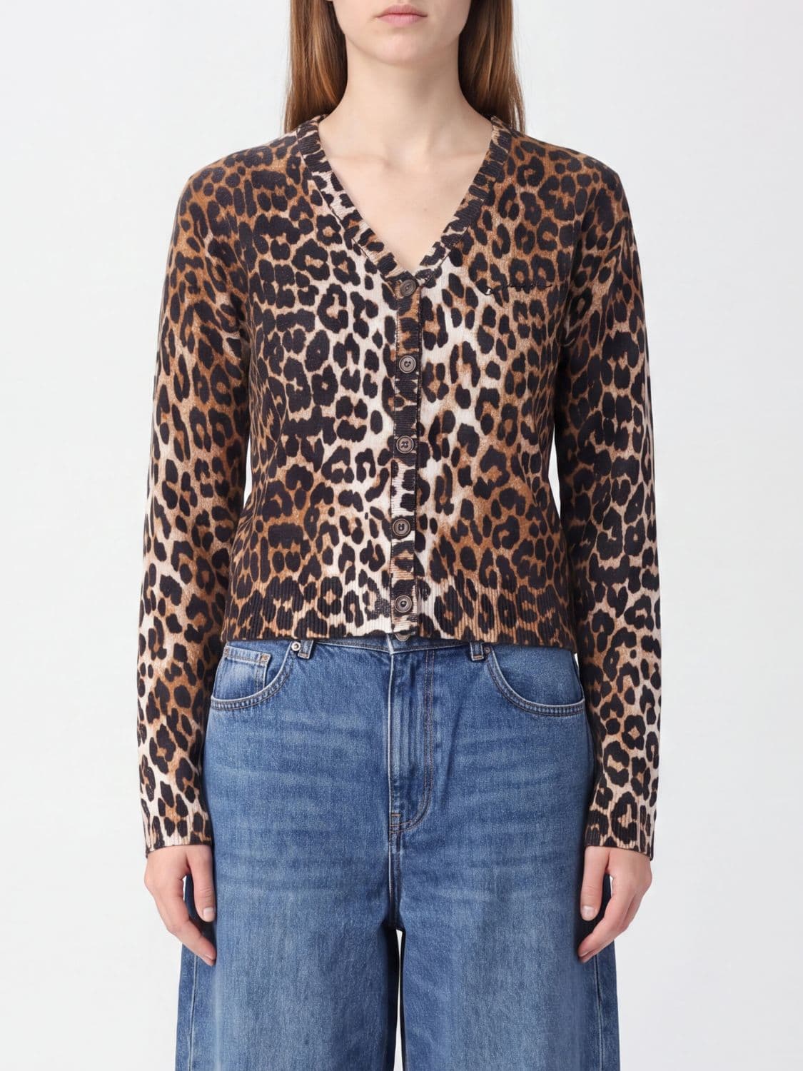 Ganni Animal Print Cropped Merino Wool Cardigan with V-Neck
