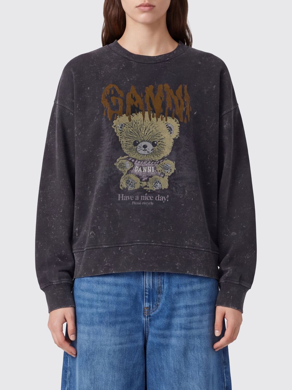 Ganni Teddy Bear Print Organic Cotton Crewneck Sweatshirt with Logo
