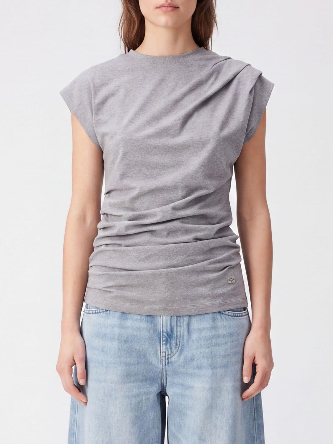 Ganni Draped Slim Fit Top in Organic Cotton with Cap Sleeves
