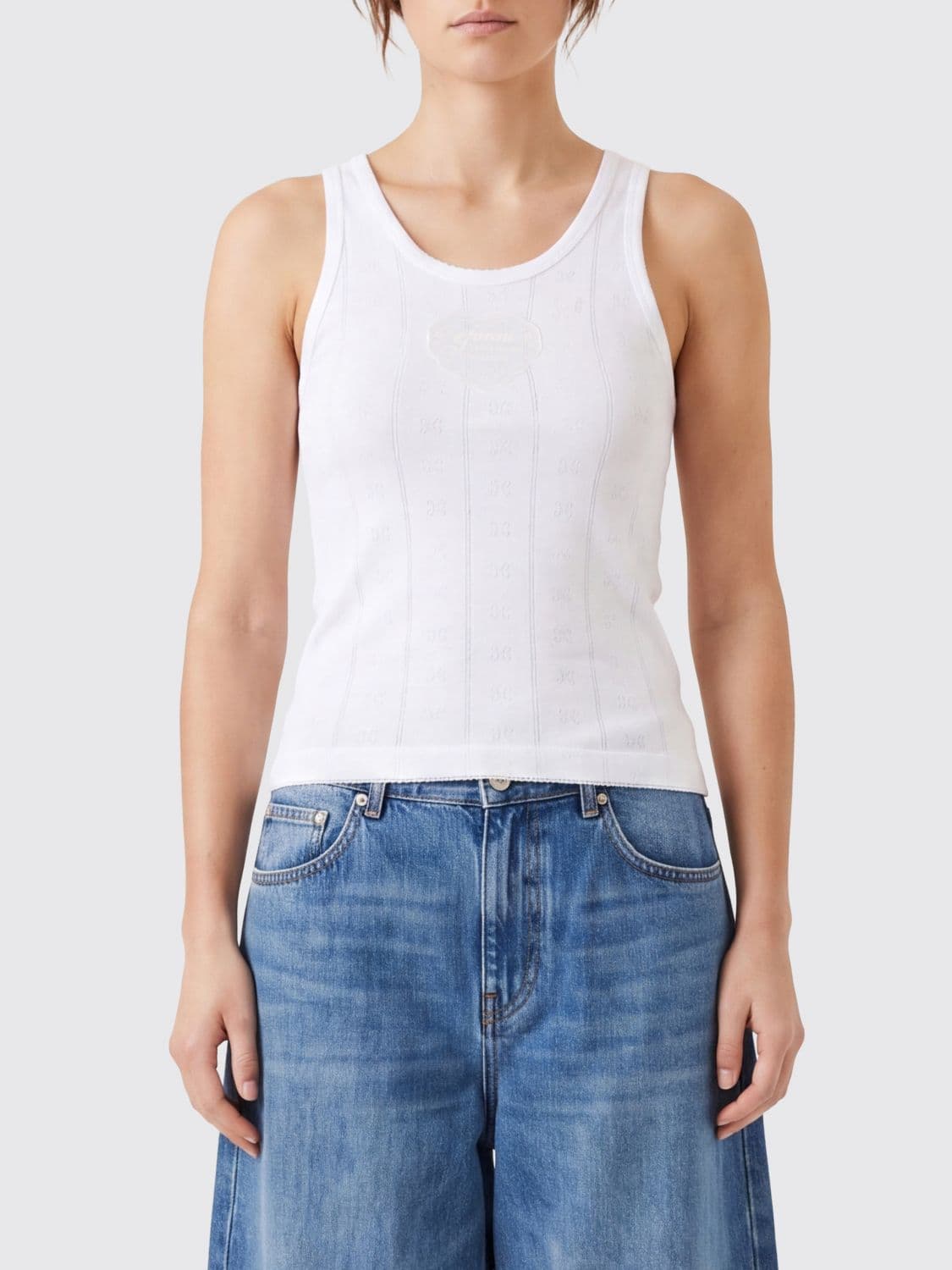 Ganni Slim Fit Tank Top in Organic Cotton with Embroidered Chest Logo