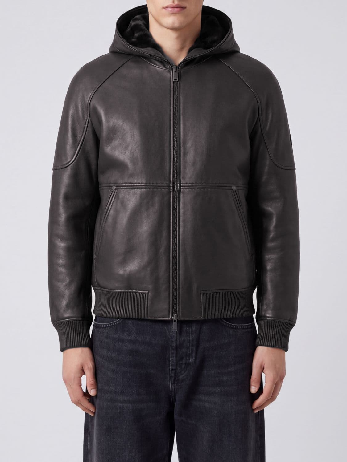 Moose Knuckles Hooded Leather Jacket with Kangaroo Pocket