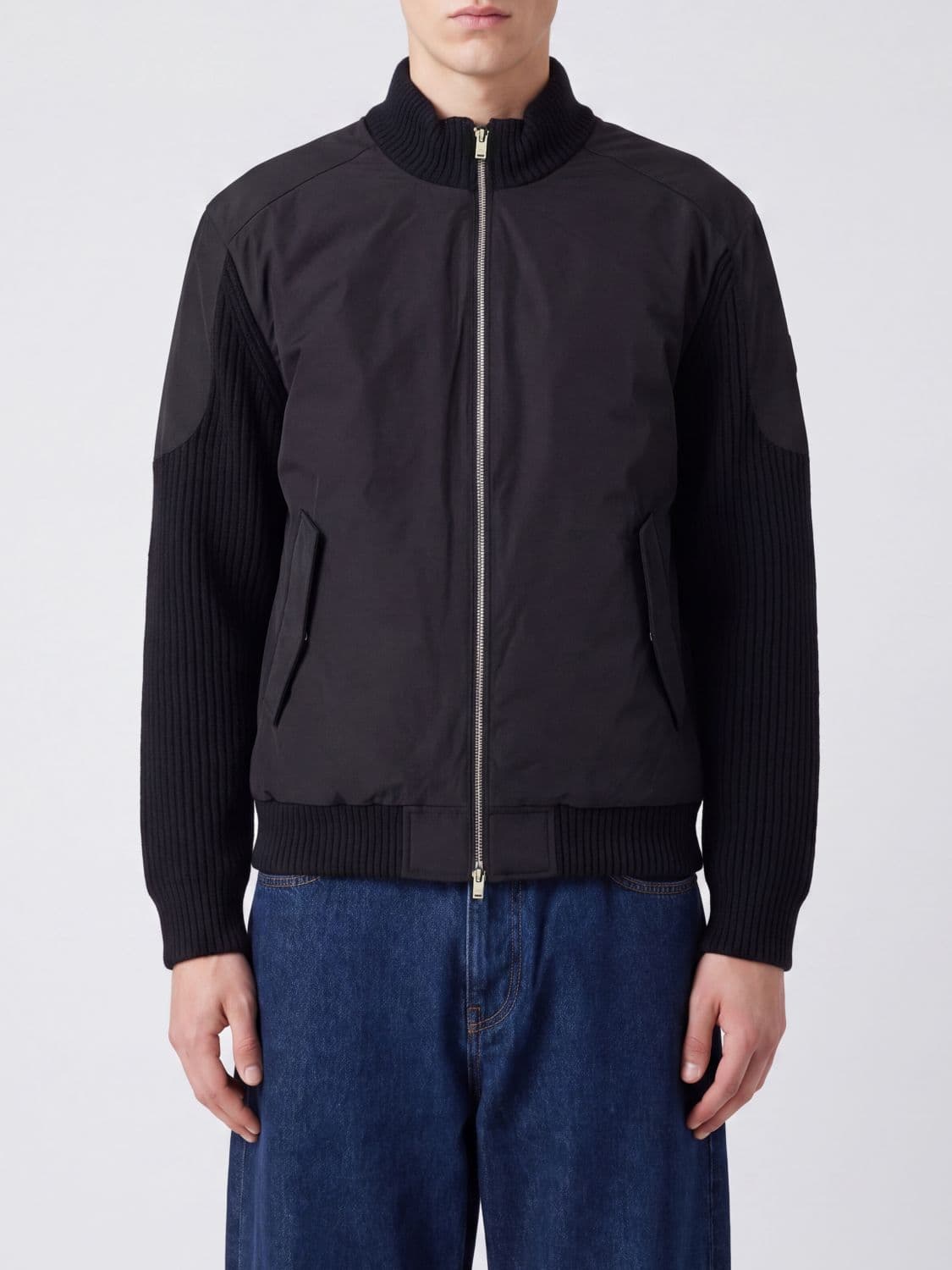 Moose Knuckles Down-Filled Wool Blend Bomber Jacket with Turtleneck