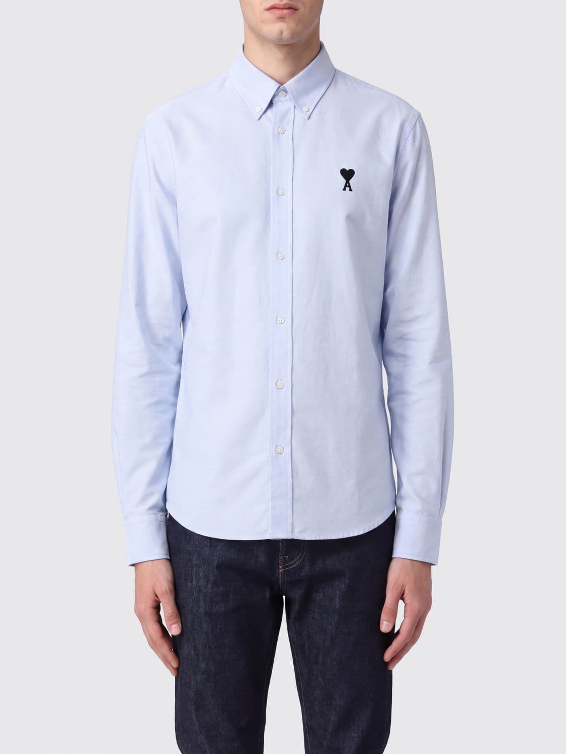 Ami Paris Slim Fit Cotton Shirt with Button-Down Collar and Embroidered Logo
