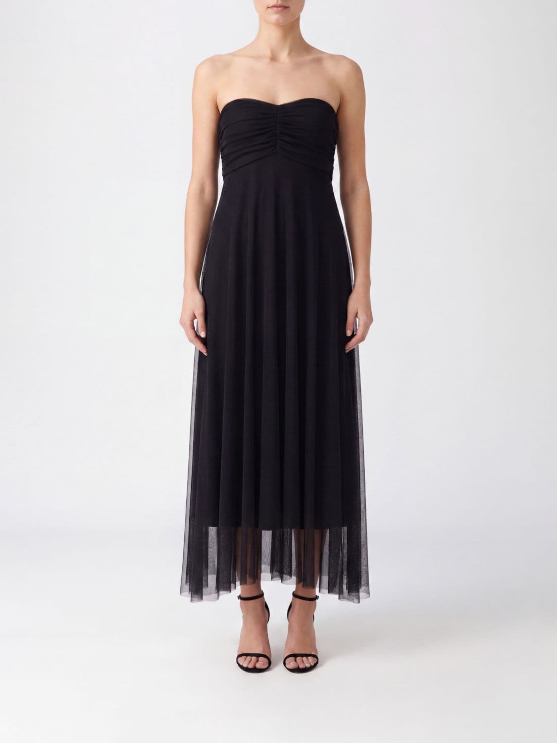 Twinset A-Line Tulle Midi Dress with Sweetheart Neckline and Off-the-Shoulder Design