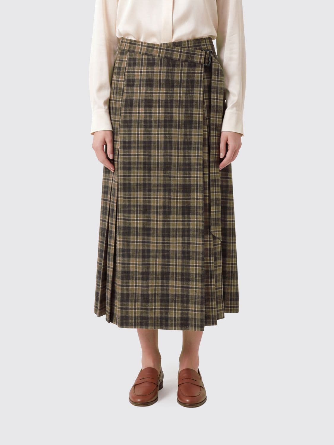 Brunello Cucinelli High-Waisted Check Wool Blend Midi Wrap Skirt