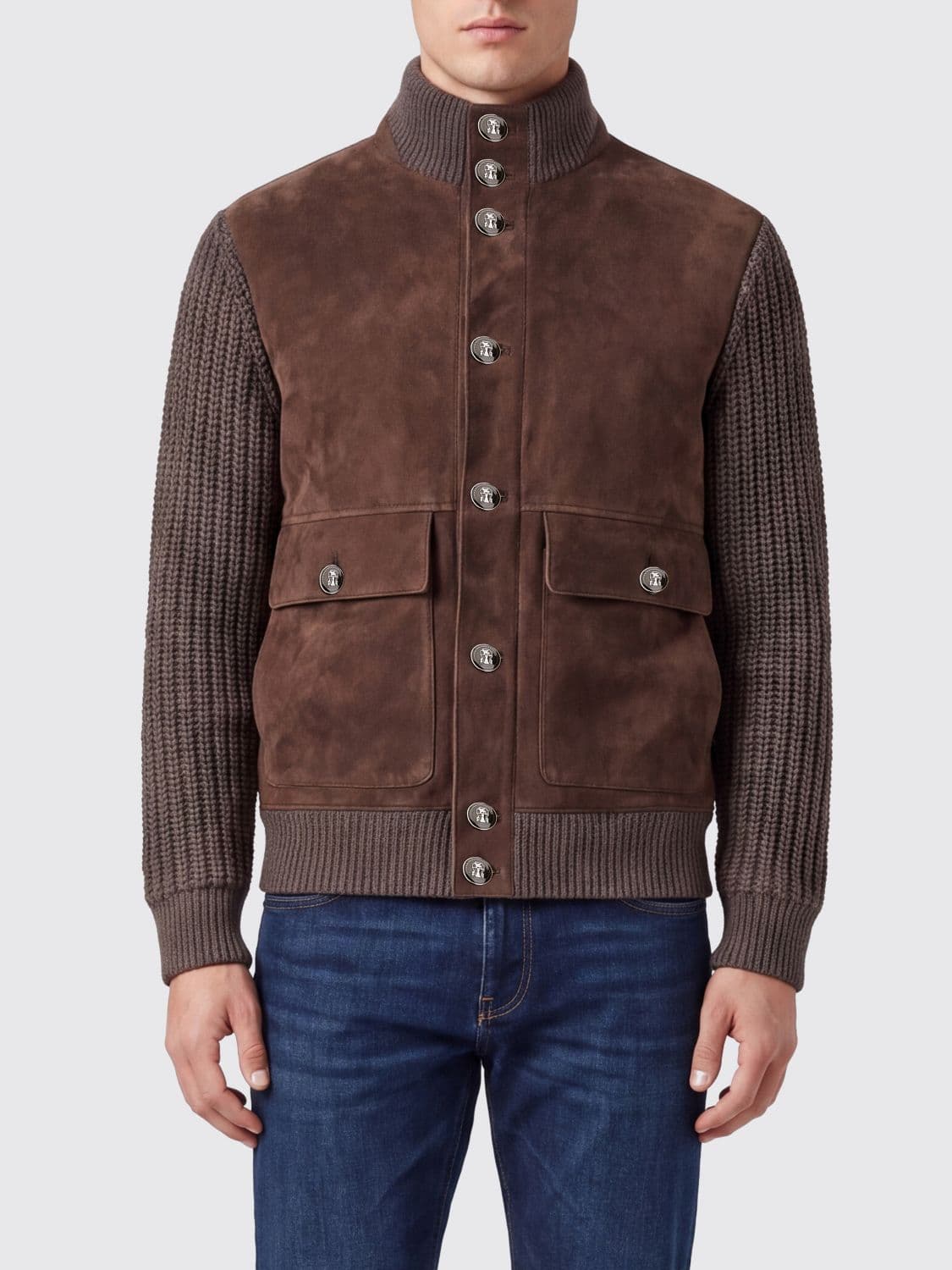 Brunello Cucinelli Suede Lambskin Bomber Jacket with High Collar