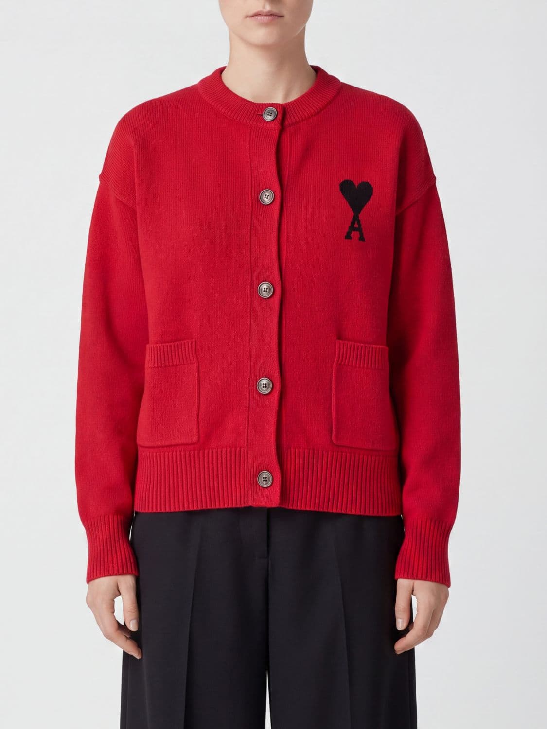 Ami Paris Red Wool Crewneck Cardigan with Contrasting Embroidered Logo
