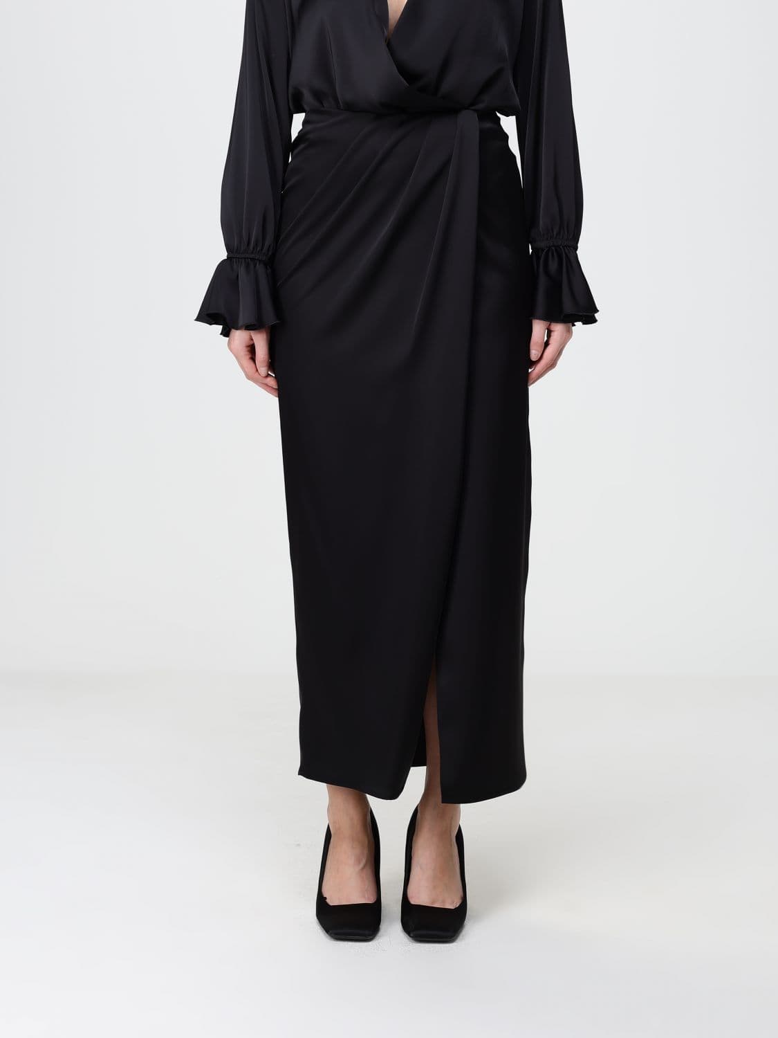 Hanita Draped High-Waisted Satin Long Pencil Skirt