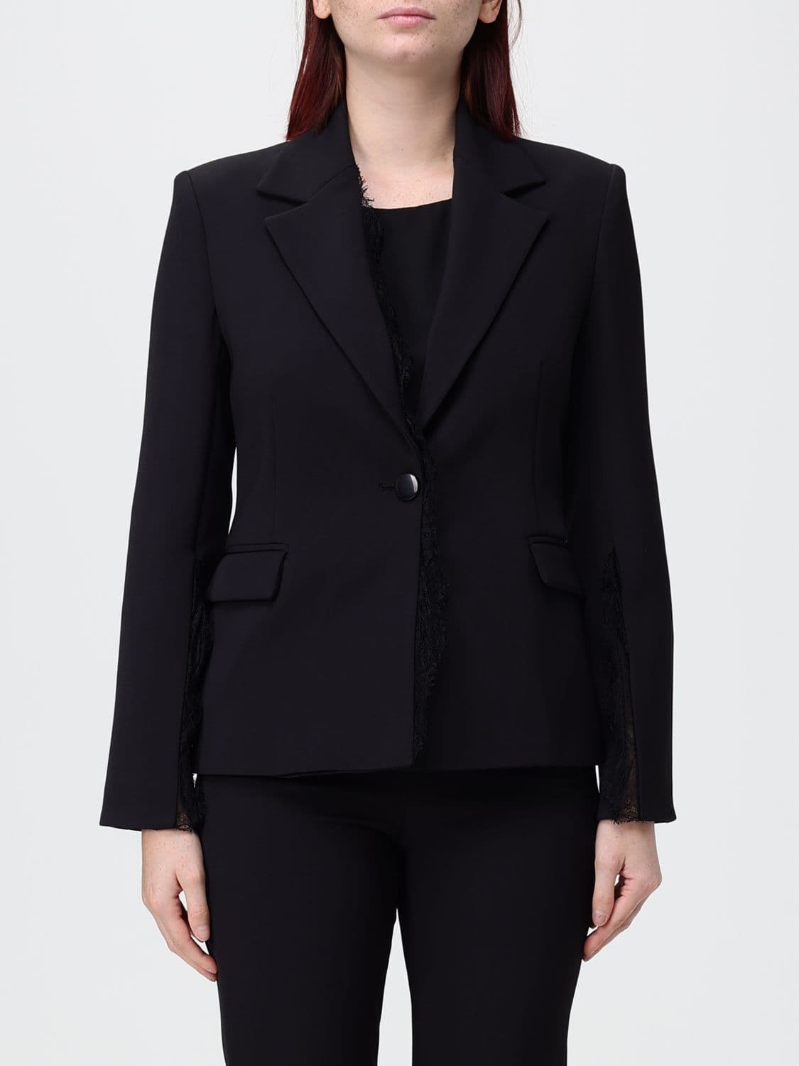 Hanita Single-Breasted Polyester Blazer with Lace Inserts and V-Revers