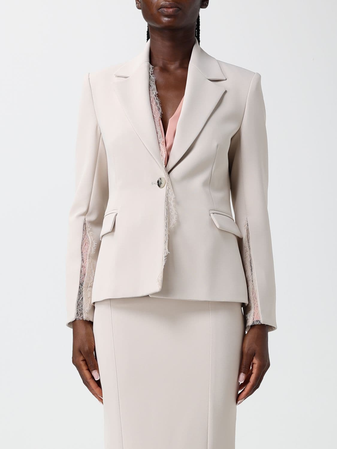 Hanita Single-Breasted Polyester Blazer with Lace Inserts and V-Revers
