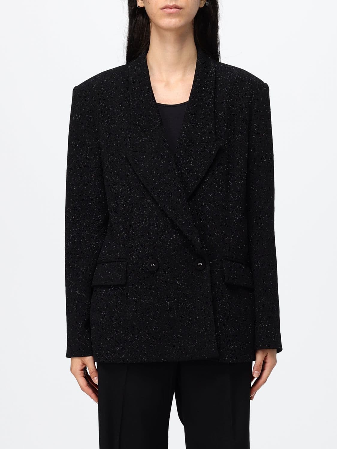 Hanita Double-Breasted Lurex Blazer with Peak Lapels and Padded Shoulders