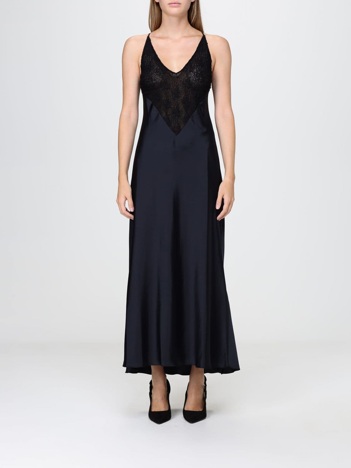 Hanita Satin Slip Midi Dress with Lace Inserts and Criss-Cross Straps