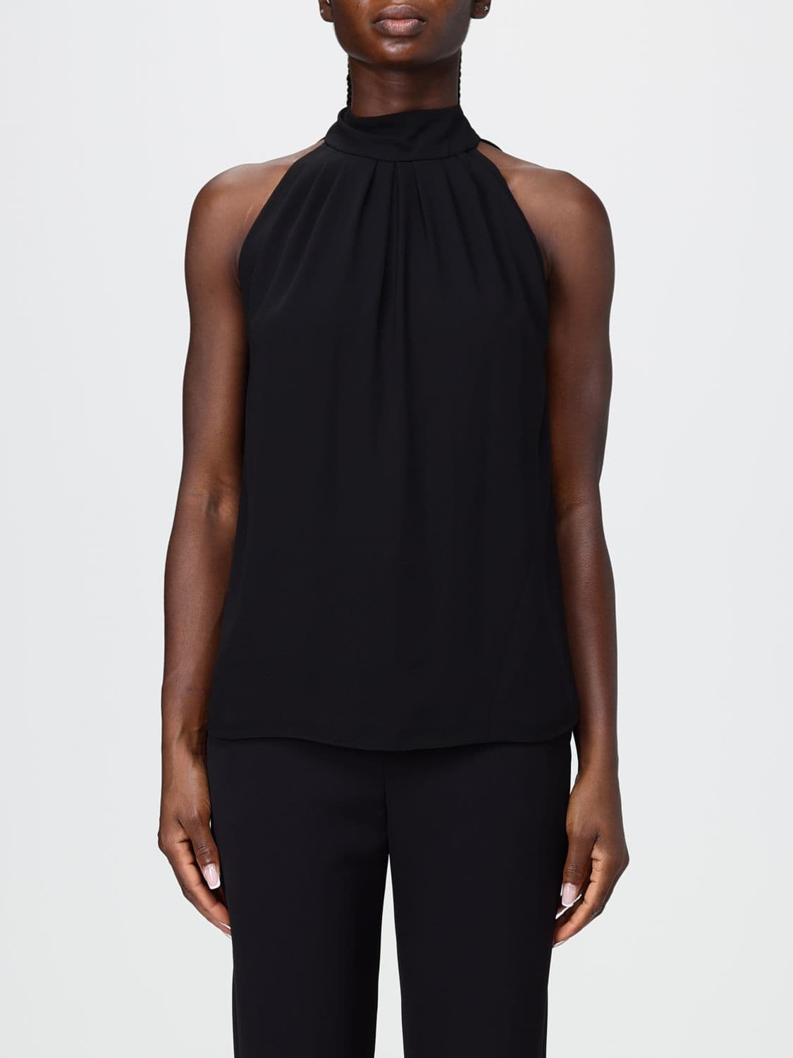Hanita Sleeveless Satin Blouse with High Neck and Draped Design