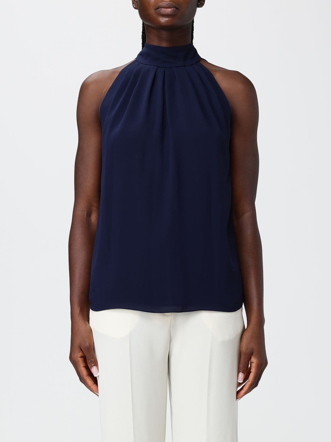 Hanita Sleeveless Satin Blouse with High Neck and Draped Design