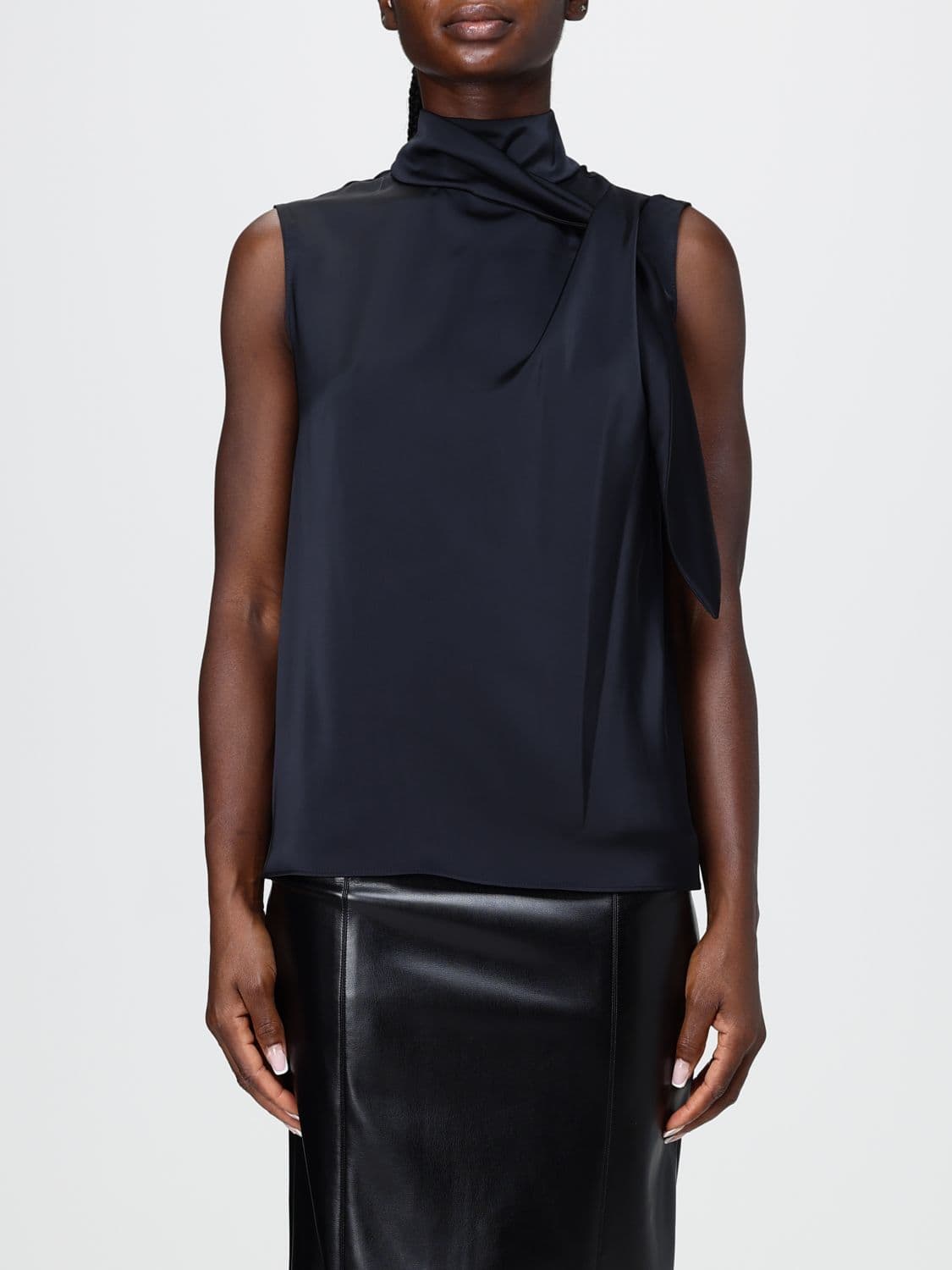 Hanita Sleeveless Satin Blouse with Draped Pussy-Bow Collar