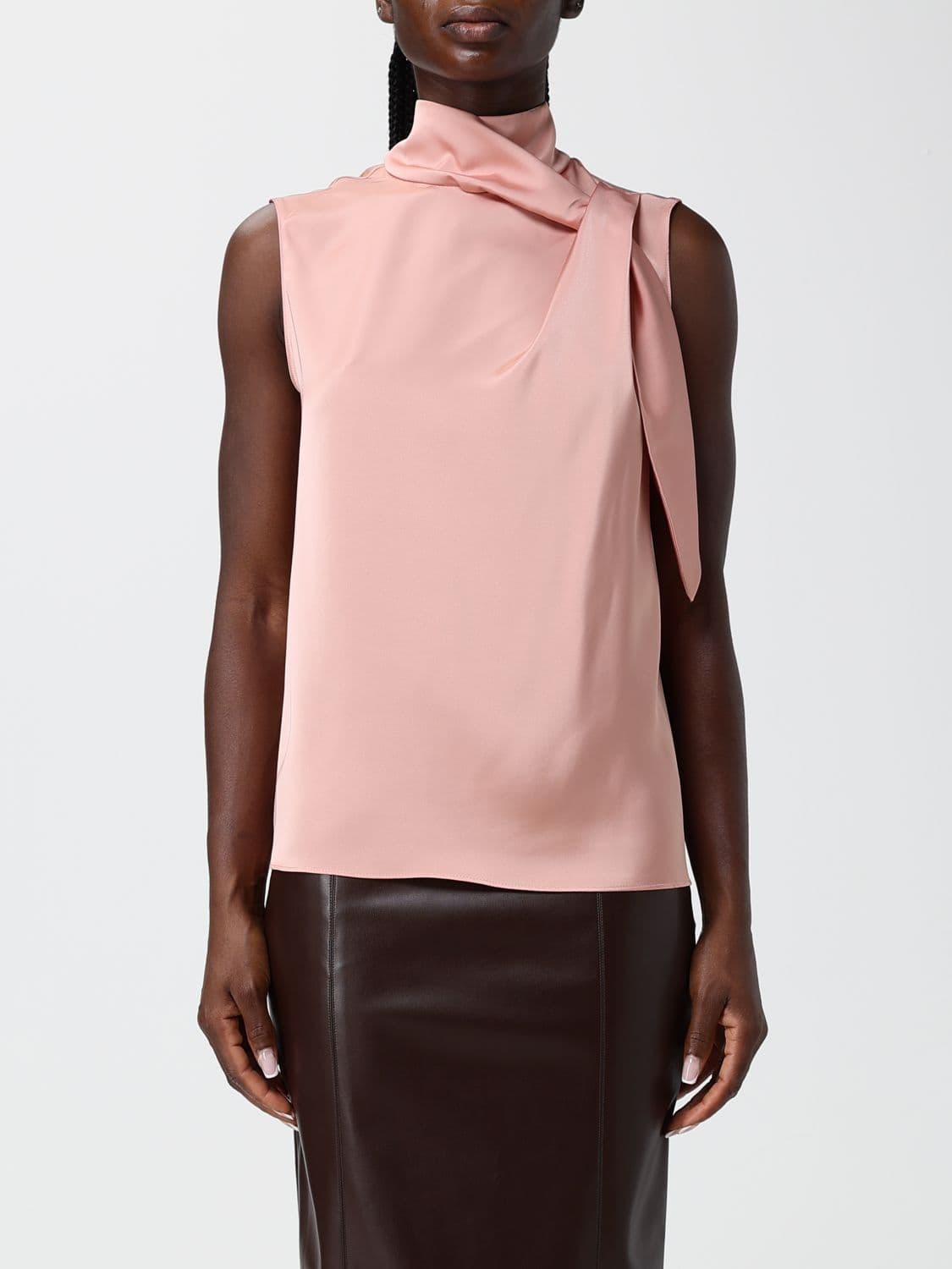 Hanita Sleeveless Satin Blouse with Draped Pussy-Bow Collar