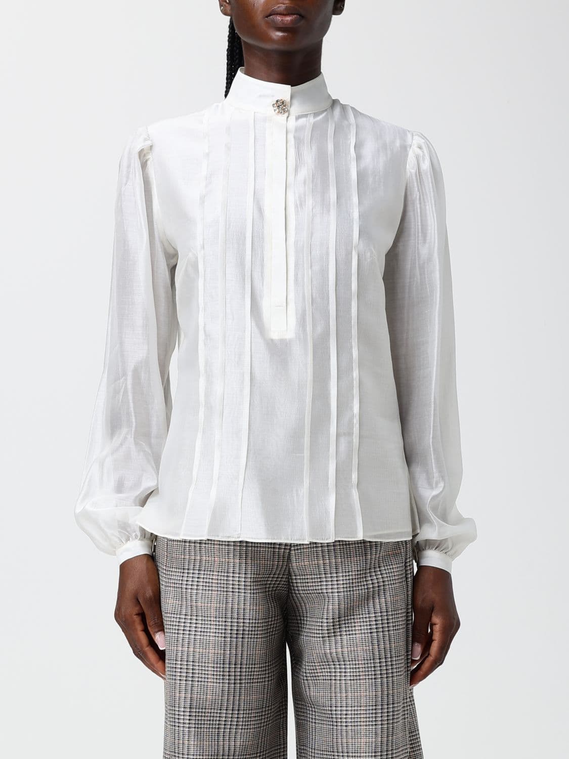 Hanita Satin Shirt with Mandarin Collar and Embroidered Plastron