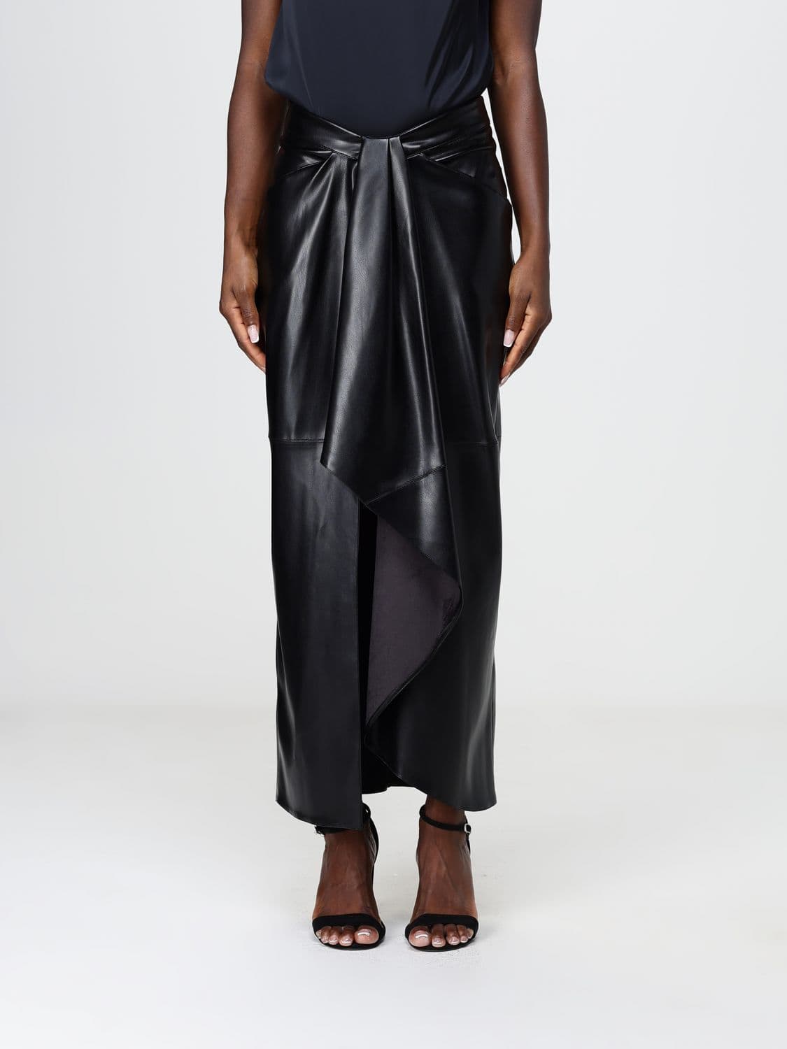 Hanita High-Waisted Asymmetrical Midi Skirt in Faux Leather