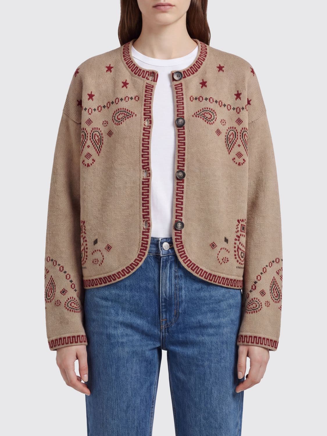 Alanui Single-Breasted Short Coat in Cashmere and Wool Blend with Bandana Motif · M