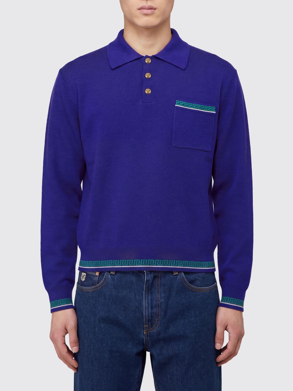 Versace Long-Sleeved Polo Shirt in Pure Virgin Wool with Patch Pocket
