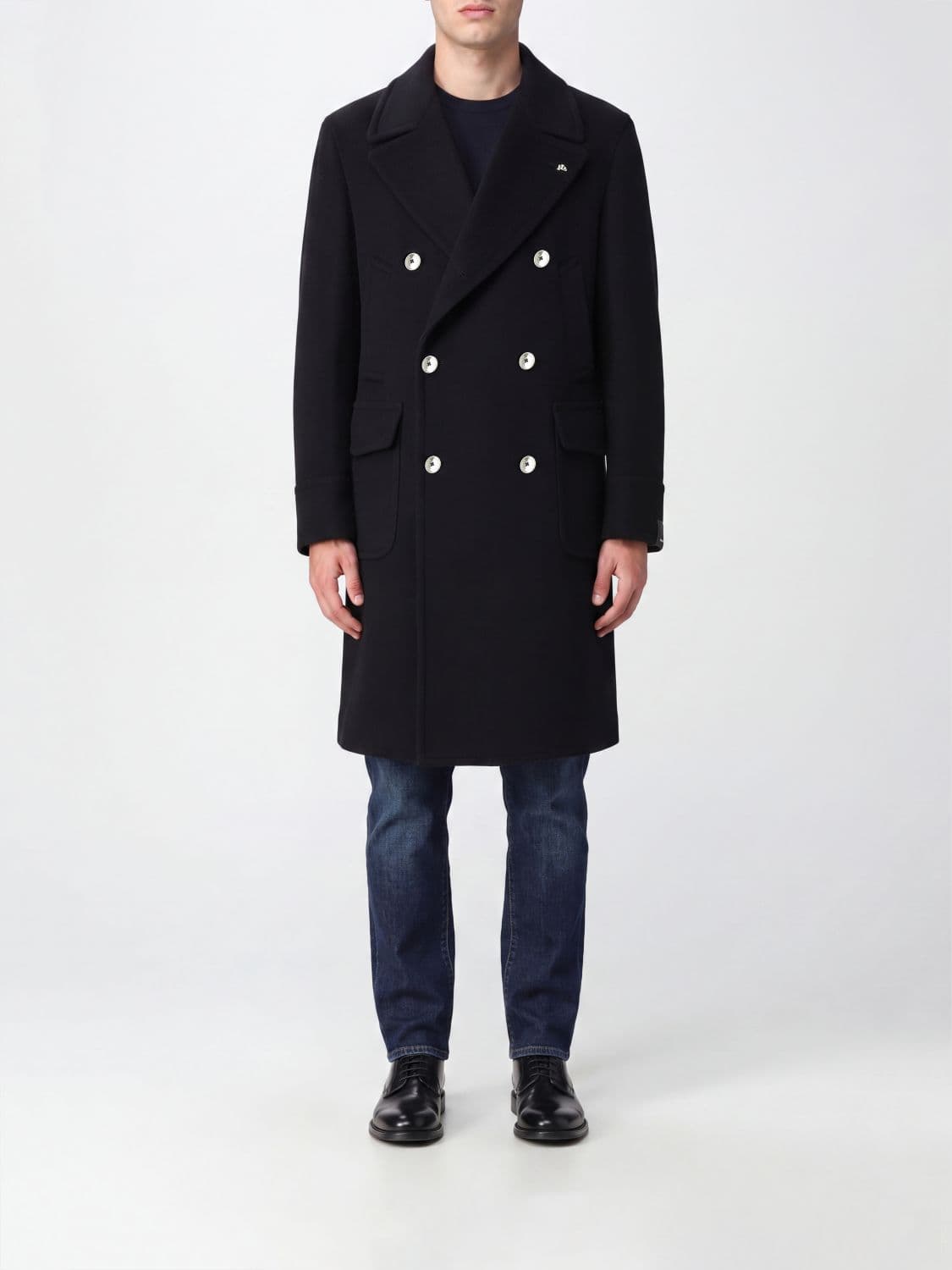Tagliatore Knee-Length Double-Breasted Coat in Pure Cashmere with Peak Lapels